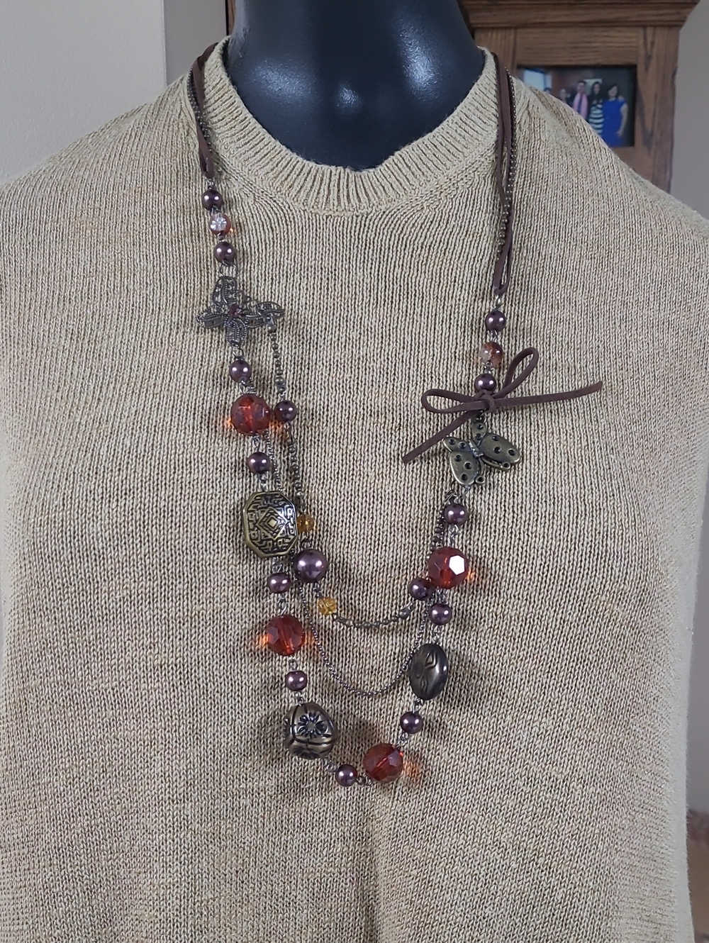 Boho-Chic Multi-Strand Brown Amber Resin Bead Necklace Butterfly Links GUC